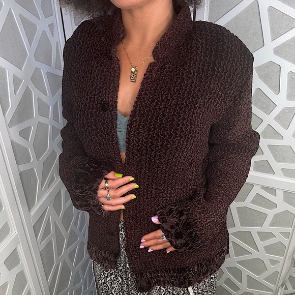 {Silkland} VTG Chocolate Brown Crinkle Knit Cardigan Jacket, Velvet Floral Trim - Picture 12 of 12